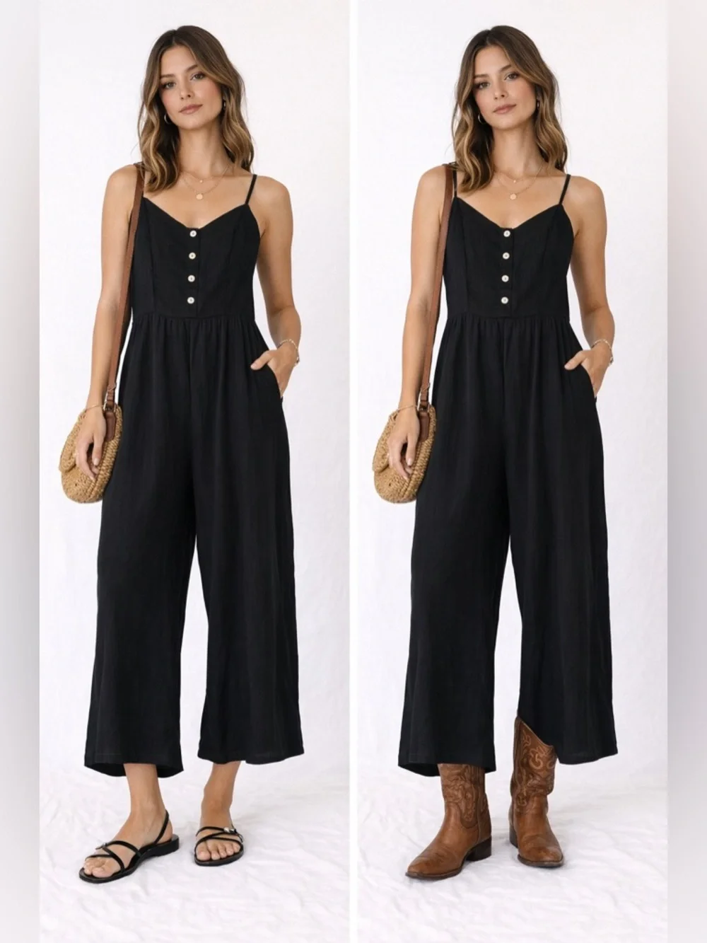 Madewell Black Cami Wide Leg Jumpsuit Size 4 Boho Western preppy linen
